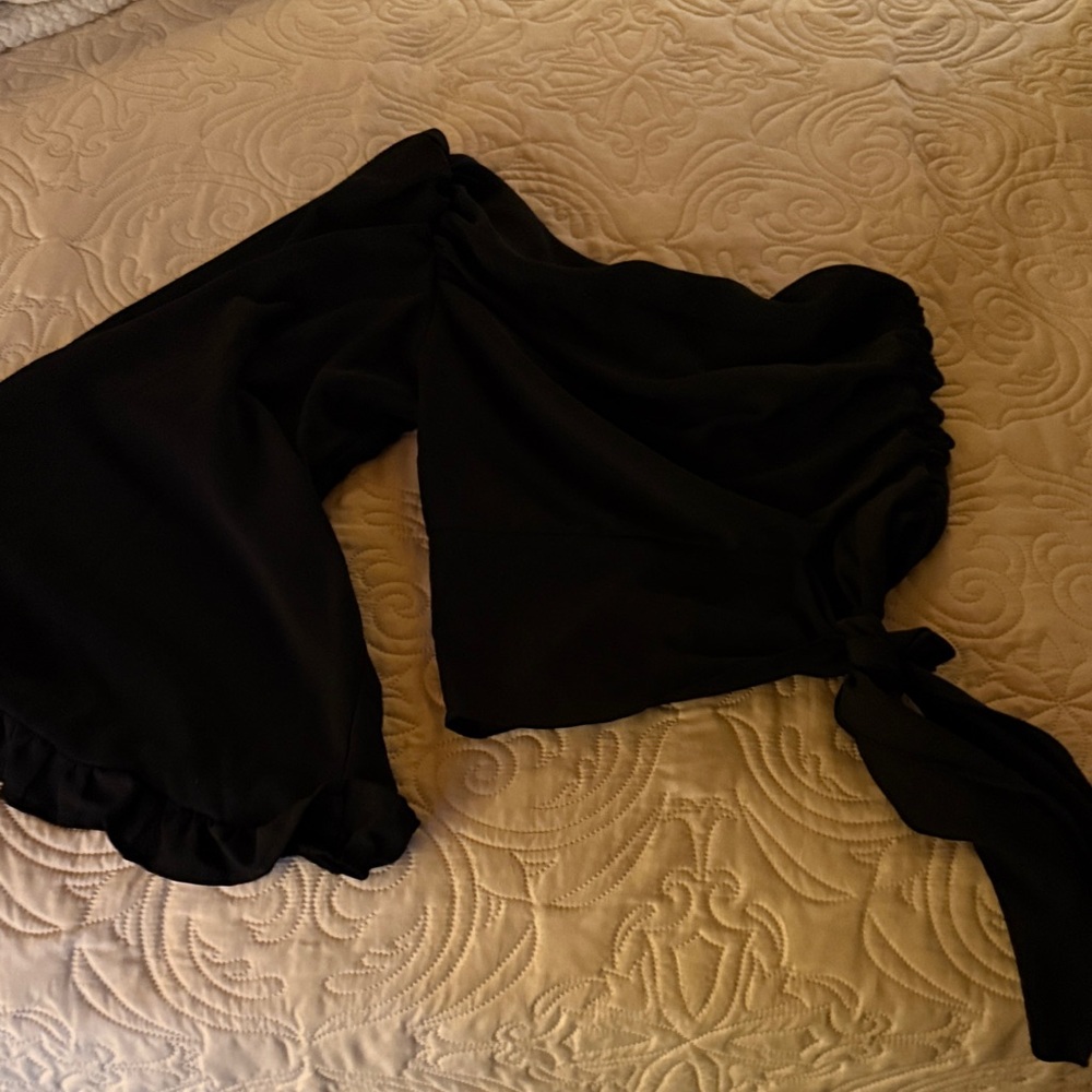 Impressions Black Ruffled Blouse One Sleeve Blouse Side Zip
